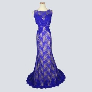 NEW JOVANI Royal/Nude Beaded Floral Sleeveless